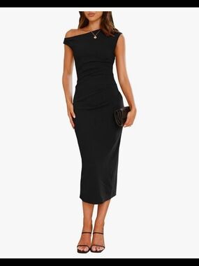 iHot NWT Black Ruched Bodycon Midi Dress Medium Cocktail Wedding Guest